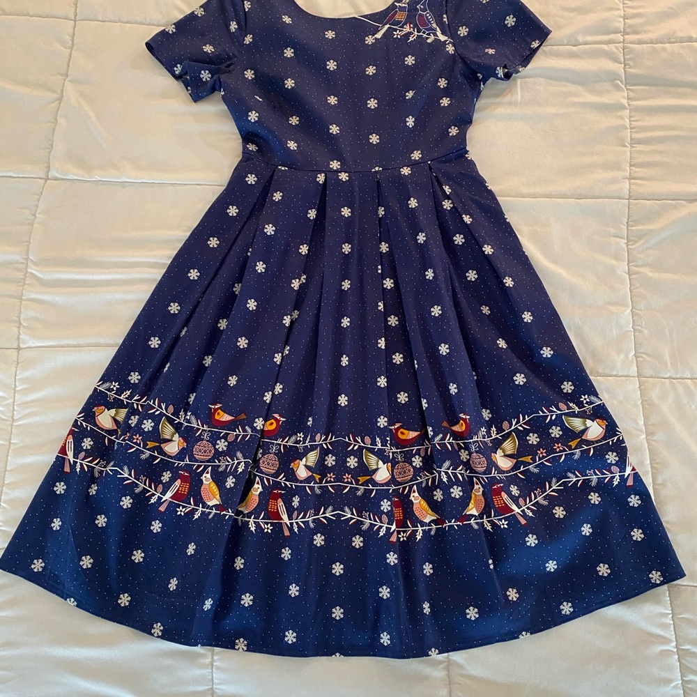 Navy Blue Pleated Midi Dress with Bird and Snowflake pattern